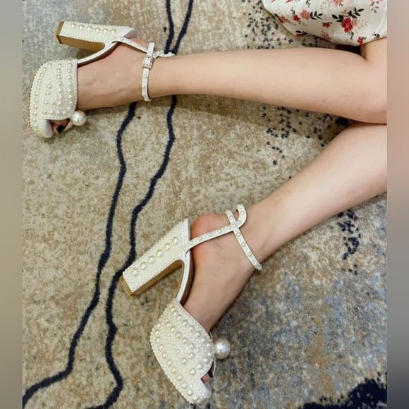 Goolita Extravagant Open Toe Pearl Chunky Heels Sz. 37/US 6M New Ankle Straps - Picture 5 of 17